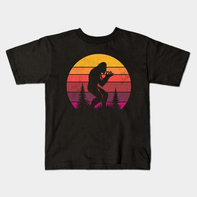 Bigfoot Sasquatch Playing The Harmonica Vintage Sunset Music Lover Kids T-Shirt by Cuteness Klub